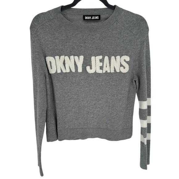 DKNY White Logo Graphic Crew Neck Sweater Long Striped Sleeves Winter Comfort S - Picture 1 of 5